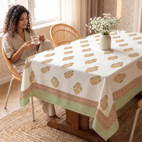 Image of Urban Space 100% Cotton Dining Table Cover 6 Seater, Jaipuri Handblock Cotton Table Cloth for Center Table, Dining Room Table Cover (Size 48 inch x 92 inch - 6 Seater, Amrapali Green)