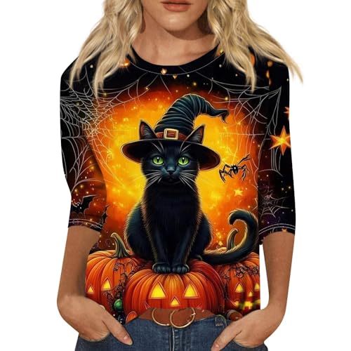 Halloween Costumes for Women Cute Funny 3/4 Sleeve Tops Women's Oversized Print Blouse Womens Fall Fashion Crewneck Halloween Shirts for Women Costumes Outfits 2025 Pinks M