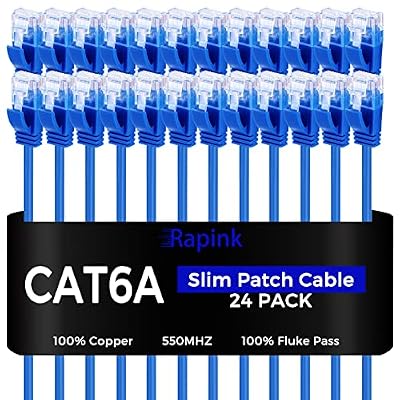 Rapink Patch Cables Cat6a 10ft (24 Pack) Slim, Cat6a Ethernet Patch Cable 10G Support, Snagless Cat 6 Patch Cable for Patch Panel to Switch, Flexiable Cat 6a Ethernet Cable with Gold Plated