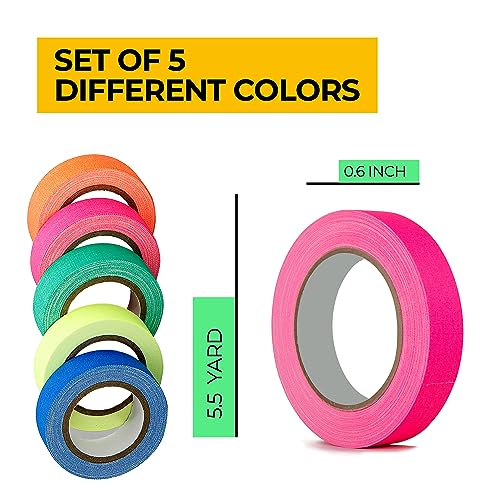 Image of 1 /2 inch x 12Yd Spike Tape Multi Color Pack of 5 - Neon Colored Gaffers Tape & Stage Tape for Floor Marking - Spike Tape Theater Colored Gaff Tape for Sports, Office & Media Industry