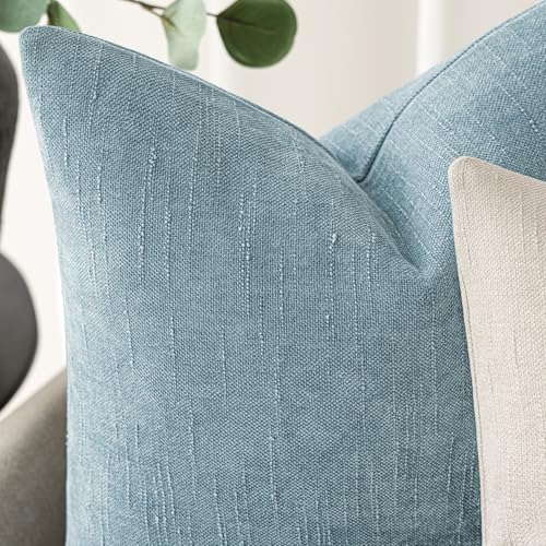 Image of Foindtower Pack of 2 Textured Chenille Throw Decorative Pillow Covers Square Accent Solid Cushion Cover Neutral Farmhouse Pillow Case for Couch Sofa Bedroom Living Room 20x20 Inch,Sky Blue
