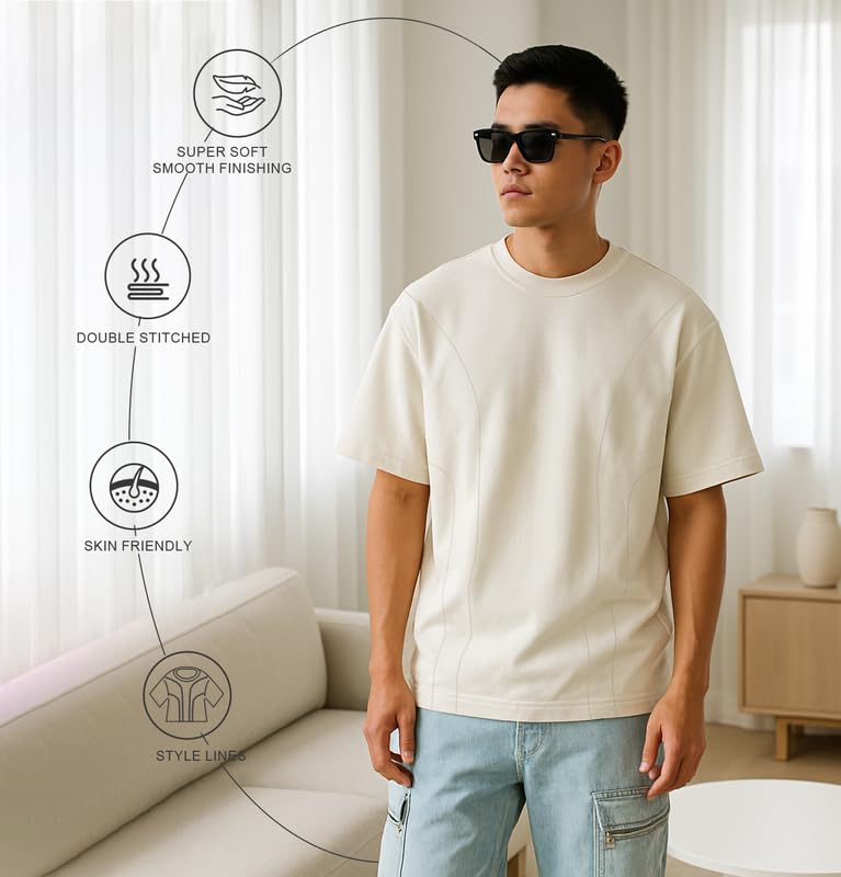 Image of Sleepynuts Men 220 GSM 100% Pure Cotton Oversized Baggy Fit Drop Shoulder Round Neck T-Shirt Pack of 3 (Smoky Grey, Dusty Blue, Off White-XL)