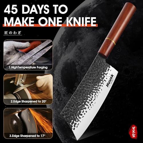 Image of Huusk 7 inch Japanese Meat Cleaver Knife, Sharp Butcher Knife for Meat Cutting | Hand Forged Chef Knife High Carbon Steel Sharp Kitchen Knives for Chopping Vegetable Ideal Gift for Men and Women