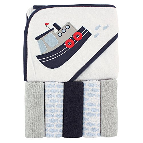 Image of Luvable Friends Unisex Baby Hooded Towel with Five Washcloths, Tugboat, One Size