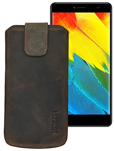 Suncase ECHT-Leder Tasche Etui für BLUBOO Maya Max (mit Rückzugsfunktion, Magnetverschluss) antik-dunkel braun