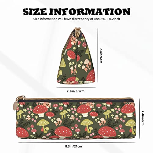 Image of Mushrooms Pattern Leather Pencil Case Zipper Pen Makeup Cosmetic Holder Pouch Stationery Bag for School, Work, Office