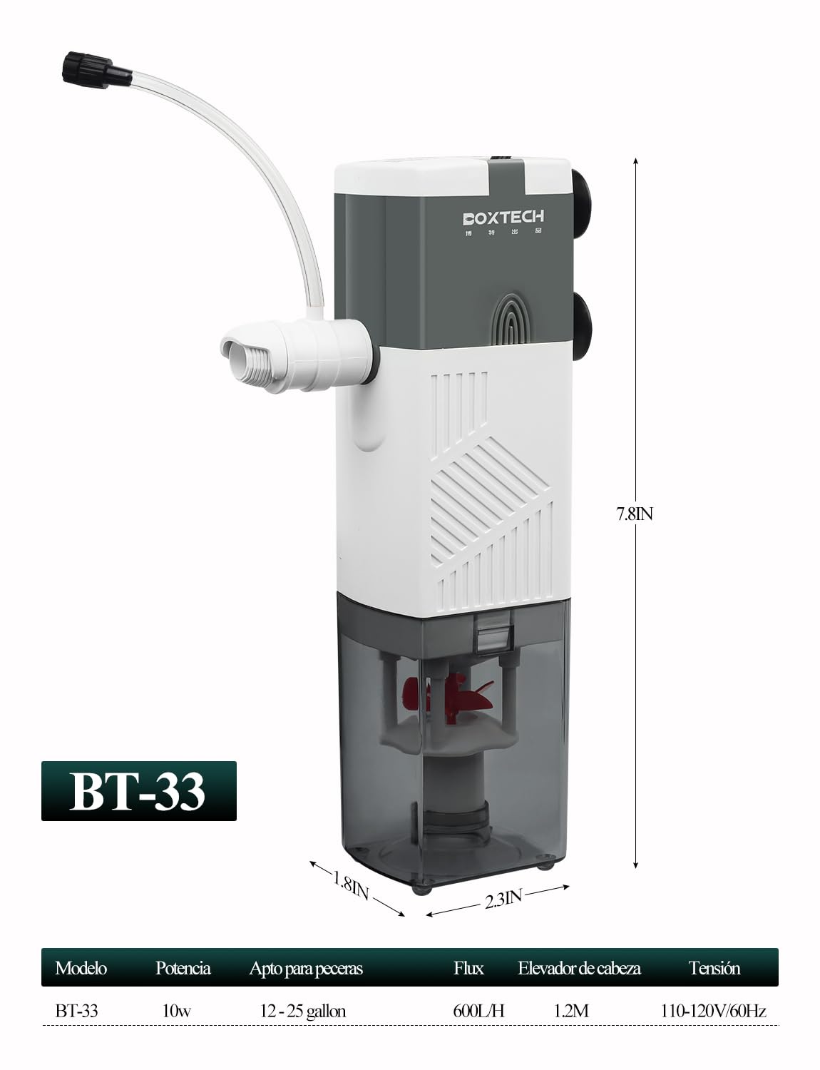 boxtech Filtro Acuario 4 en 1 Multifunción - Sistema de Filtración Segura, Lluvia, Oxigenación y Olas Suaves para la Mayoría de Peceras, Motor Silencioso con Modelos 10W