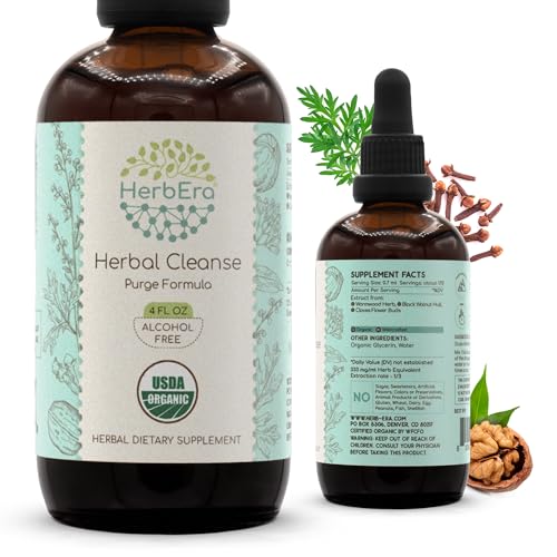 HerbEra Herbal Cleanse Organic Alcohol-Free Tincture | Detox and Cleanse Formula, Extract Supplement | Organic Wormwood Herb, Black Walnut Hull, Cloves Flower Buds | Purge Extract (4 fl oz)