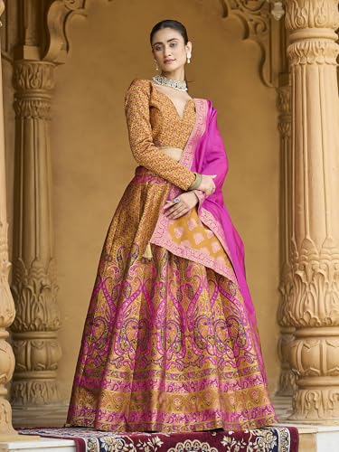 Image of PURVAJA Women's Kanjiwaram Semi-Stitched Lehenga choli