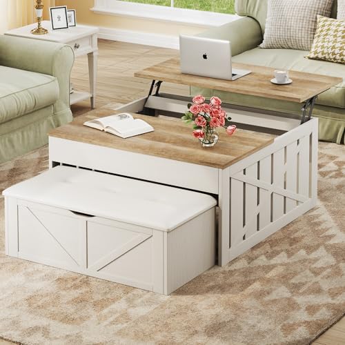 HUAHUU Lift Top Coffee Table with Storage Hidden Compartment 31.5 Farmhouse Coffee Tables with Ottoman Bench Center Table with Wooden Lift Tabletop for Living Room White