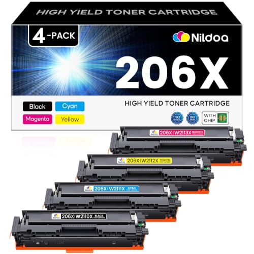 Image of 206X Toner Cartridges 4 Pack with Chip Compatible 206X W2110X W2111X W2112X W2113X Replacement for HP 206X Black Cyan Yellow Magenta Color Pro M255dw M255nw; MFP M282nw M283cdw Printer Ink