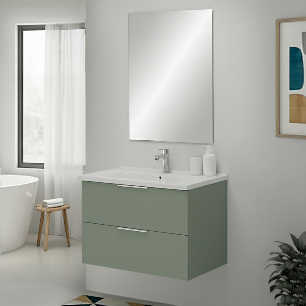 Inbagno Mobile Bagno Sospeso 80 Cm Verde Opaco Con 2 Cassetti Soft-Close Lavabo In Ceramica E Specchio Rettangolare – Linea Elva