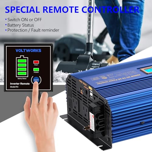 Power Inverter 2000w DC 12V to AC 120V ETL UL458 Compatible with Lithium Battery for Off-Grid Solar Car RV Truck Boat with LCD Display Remote Control 2 AC Outlets Dual 2.4A USB Ports by VOLTWORKS