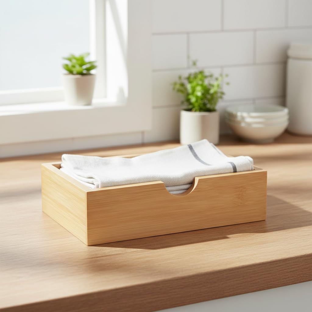 Deconox Doğal Bambu Peçetelik ve Çok Amaçlı Organizer Kutu - 18.5x12.5x5 cm Masaüstü ve Banyo Düzenleyici Ahşap Stand