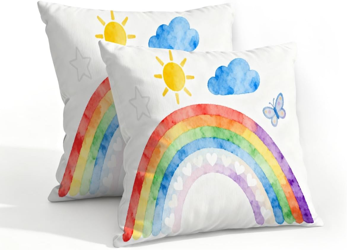 Outdoor Waterproof Pillow Covers Set of 2 - Patio Throw Pillow Cases 18 X 18 Inch Decorative Square Cushion Covers for Garden Beach Couch Porch Balcony(Butterfly Rainbow)