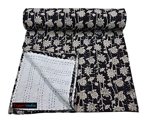 Exportindia Indian Traditional Floral Print Kantha Quilt Pure Cotton Bagru Block Print Quilt Blanket Bedspreads Throw (Twin Size 60x90 Inch)