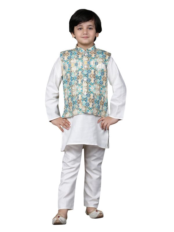 Image of superminis Boys Cotton Printed Full Sleeves Kurta Pyjama with Jacket Ethnic Wear Set