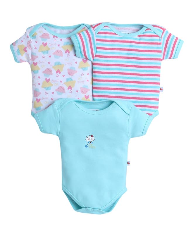 Image of BUMZEE Baby Girls Regular Fit Half Sleeves Round Neck Cotton Bodysuit /Onesie /Leotard,Pack of 3