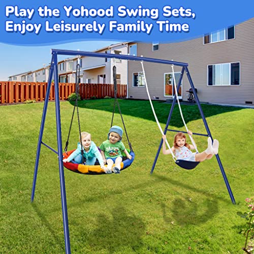 Swing Set Outdoor for Kids- Swing Sets for Backyard with Adjustable Saucer and Swing Seat, Kids Outdoor Playset,Heavy Duty Metal Swingset Frame for Baby,Kids,440 lbs Weight Capacity(Blue)