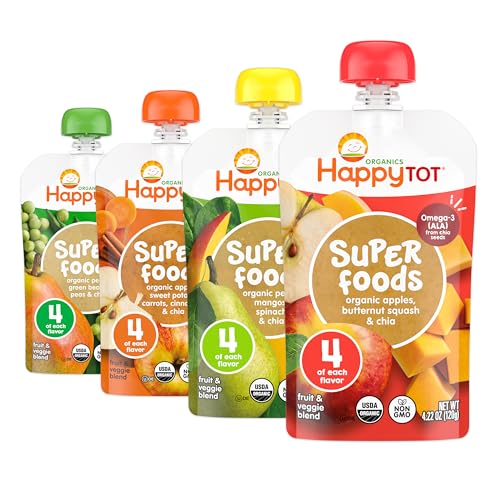 HAPPYTOT Organics Stage 4 Baby Food Pouches, Gluten Free, Vegan Snack, SuperFoods Fruit & Veggie Puree & Chia Variety Pack, 4.22 Ounce (Pack of 16), Amazon Exclusive
