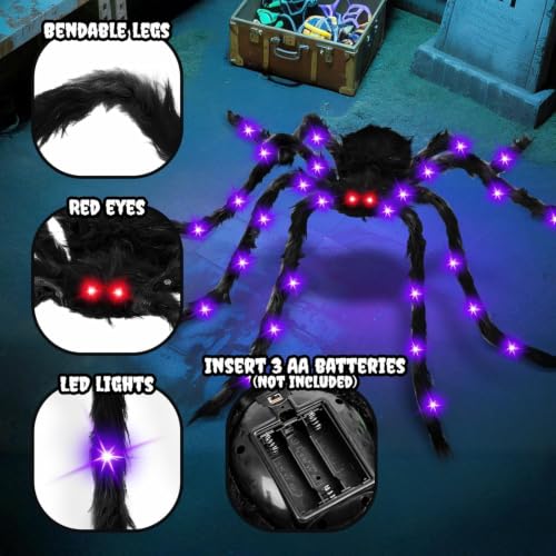59" Halloween Giant Spider LED Purple Glow Hairy Red Eyes Bendable Decor - image 2