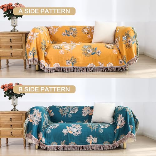 Image of VANJOROY Boho Throw Blanket, 100% Organic Cotton Breathable Skin-Friendly Ultra Soft 50 inch x 60 inch Bed Yellow Throw - Floral Rustic Decor Luxury Reversible Blanket for Sofa Couch Chair and Gift,