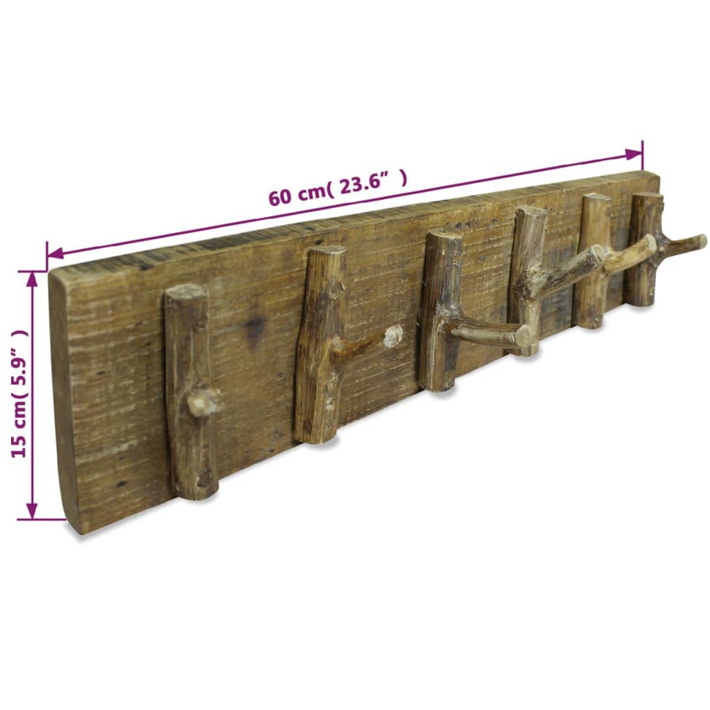 Perchero de madera de recuperación mixta 60 x 15 cm con 6 ganchos
