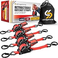 Strapinno Retractable Ratchet Straps - 1 In X 12 Ft Heavy Duty Tie Downs 1800lbs Breaking Strength Each S Hooks With Safety Clip Autoretract For Moving Motorcycle Boat Kayak And Cargo 2 Red