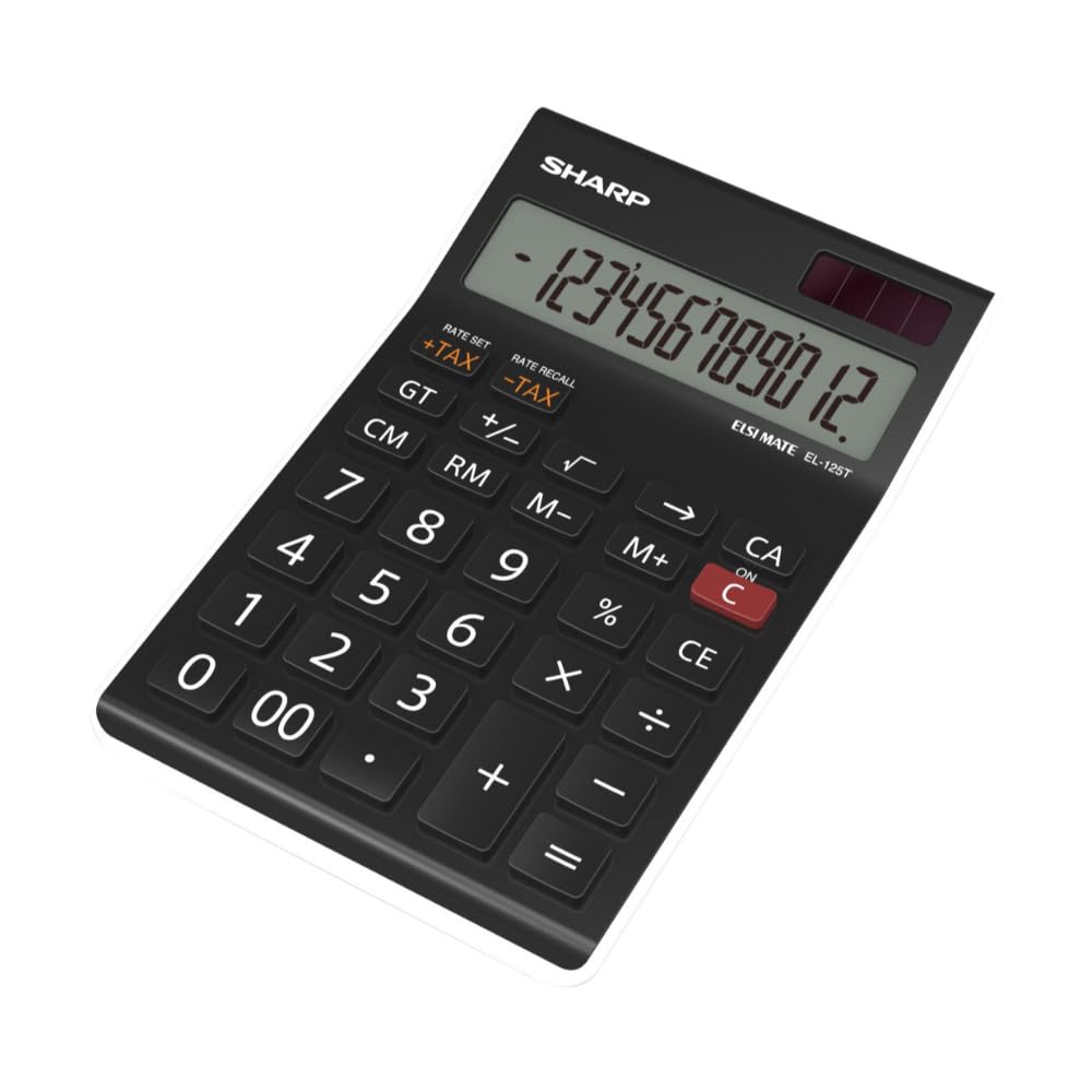 Sharp EL-125T WH kalkulator stołowy (12 miejsc, obliczenie podatku, zasilanie solarne i bateryjne) czarny