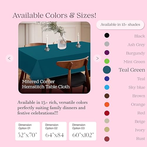 HEIRLOOM COMFORT Teal Green Rectangle Tablecloth, 60x102 Inch, 100% Cotton, Fits 8-10 Seats, Durable, Washable, Wrinkle Resistant, Dining Table Cloth for Weddings, Birthdays, Holiday Meals, Dinner by HEIRLOOM COMFORT - Used condition - Image 7