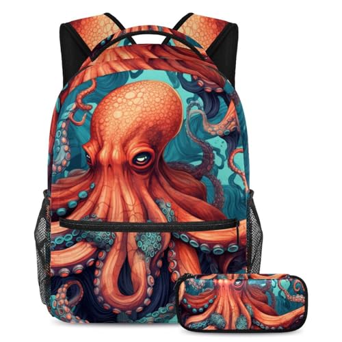 Sac à dos bleu Seaworld Octopus au motif Pop Art unique avec son pack de rangement 2 pièces