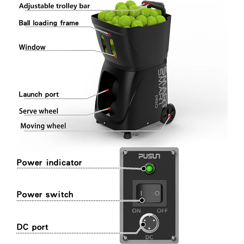 PUSUN PT Smart Pro - Macchina portatile per palline da padel con 110+palline con batteria 4-6H, portata 26 m, app/telecomando | Velocità di avanzamento regolabile e angolo di servizio | Pro Training