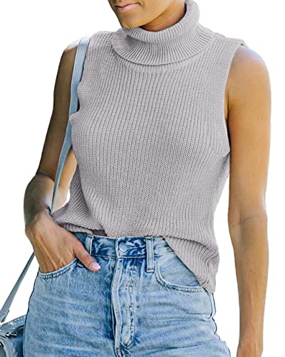 Image of Womens Sleeveless Sweater Vest Turtleneck Ribbed Knit Tank Tops Basic Slim Fit Top