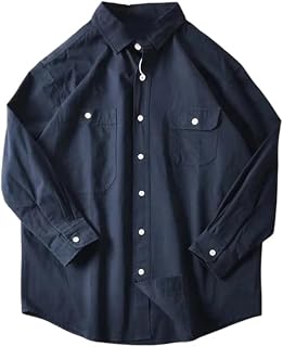 Mens Solid Color Cotton Washed Lapel Shirts with Pocket Loose Fit Long Sleeve Casual Shirt Top