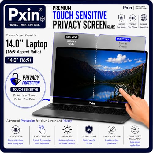 Image of Pxin Aura | 14 inch (16:9) | Touch Sensitive Privacy Screen | Anti Blue | Anti Glare | UltraThin for Hyper Touch | Anti UV | Privacy Filter compatible with HP /Dell /Lenovo /Asus /Acer