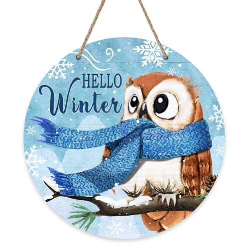 Deroro Hello Winter Owl Bird Blue Sign for Front Door