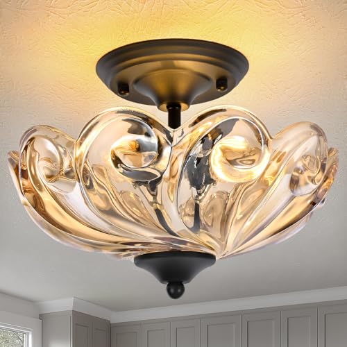 HuixuTe Modern Semi Flush Mount Ceiling Light, 3-Light Black Close to Ceiling Light Fixture with Amber Glass Shade for Bedroom Living Room Entryway