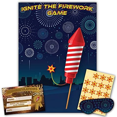 New Year Party - Bonfire Night Game - Ignite The Firework Game - 20 Player - Blindfold, Winner Certificate and XL Poster Included for New Years Eve Party, Bonfire Night Decoration Cover