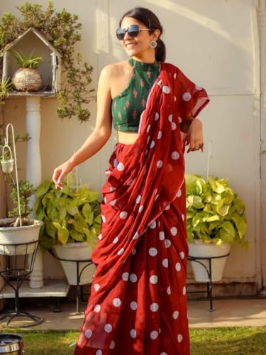 Image of Sidhidata Women's Polka Dot Printed Linen Cotton Saree With Unstitched Blouse Piece (Laddu Free Size)