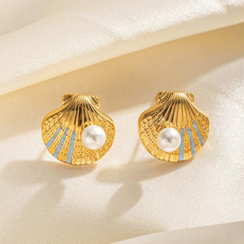 Gold Shell Pearl Stud Earrings Vintage Enamel CZ Shell Pearl Dainty Earrings Retro Enamel Jewelry Statement Studs for Women (Style 1) — view 5