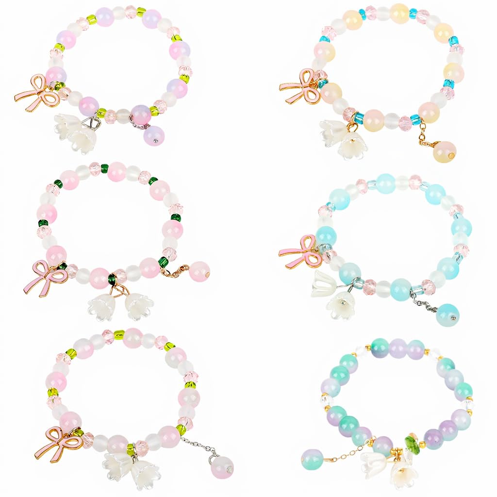 6pcs Bracelet for Girls Stylish, BFF Crystal Beads Bracelet for Kids, Orchid Flower Charm Bracelets for Women, Aesthetic Bowknot Pendant Glass Bead Bracelets Gift for Girls-image-34