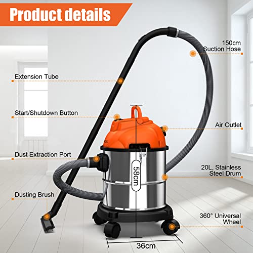 MPBEKING Aspirateur Eaux et Poussières,20L Aspirateur Humide en Acier Inoxydable,Aspirateur 3 en 1,Type de Prise de Courant, Jeu d'accessoires de 7 pièces, rallonge de 5 m, 230 V - Image 4