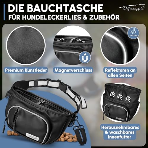 Ostfriesenpfoten® Leckerli-Bauchtasche 'Talea' für Hunde aus Kunstleder mit Einhandmagnetverschluss - Leckerlibeutel inkl. wechselbarem Innenfutter - Bauchtasche für Hundezubehör - Schwarz