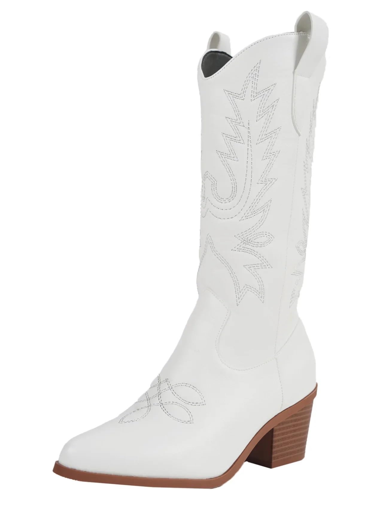 Stivali a metà Polpaccio for Donna, Stivali da Cowgirl Western Ricamati alla Moda, Stile Vintage, Stivali con Tacchi Alti Bianchi per Festa a Tema Concerto Country(White,37)