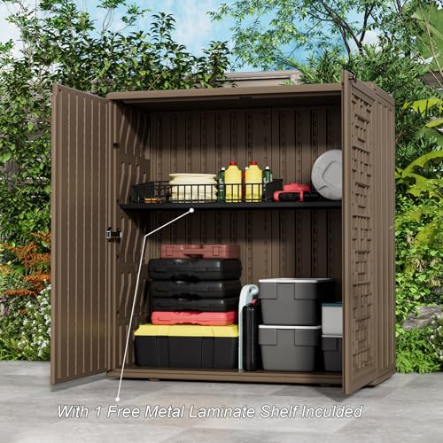 HOMSPARK Indoor/Outdoor Storage Cabinet with Doors and Shelf, 34”x16”x36” HDPE Plastic Storage Box for Patio, Balcony, Multi-Purpose for Tools, Brown by HOMSPARK - Image 2