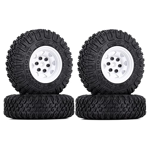 LAFEINA 4PCS 1.55 inch Metal Beadlock Wheel Rim and 85mm Rubber Tire Tyres for 1:10 RC Crawler Car D90 TF2 Tamiya CC01 LC70 MST JIMNY 90069 (White)