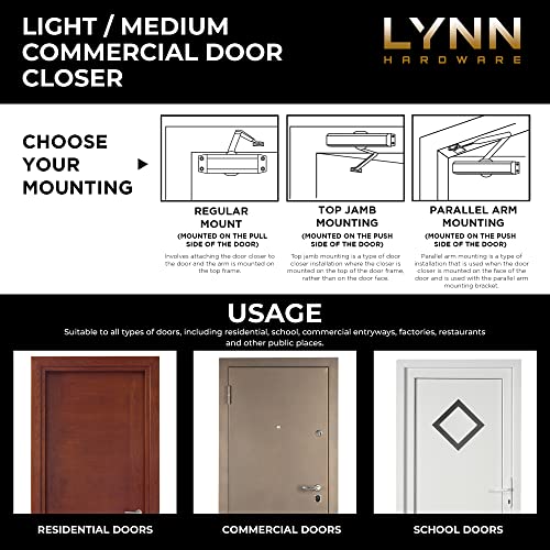 Lynn Hardware LYNN-DC5003-BRASS Light/Medium Duty Residential/Light Commercial Door Closer - Dc5003 Surface Mounted, Aluminum Door Closer, Adjustable Closing, Grade 2 & Ul 3 Hour Fire Rated - Us4 Satin Brass/Gold thumb #1