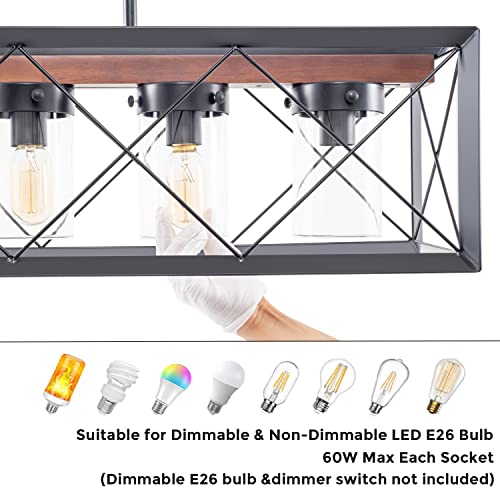 Island Lights For Kitchen, 35.6" Black Metal Glass 5-Light Farmhouse Ceiling Hanging Chandelier,Rustic Brown Wood Pendant Lights,Large Table Lighting Fixtures For Dining Room Kitchen Indoor,Ul Listed #TOP6