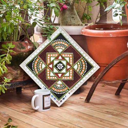 Image of Ethnics of Kutch Traditional Kutch Handicraft Mud-Mirrorwork Lippan Kam Wall Art (Water and Break Resistant) - Square (12 inch x 12 inch) - (White - LKT-0229)