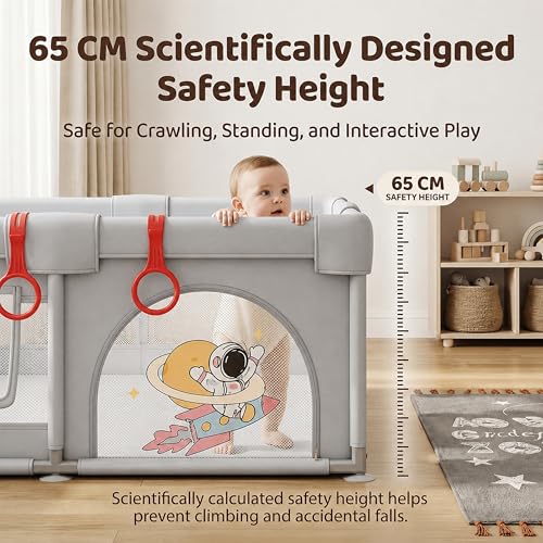 Image of StarAndDaisy Play Pen for Baby for 0-5 Years 120 x 120 cm Baby Play Area Indoor Setup with Safety Lock & Anti-Fall Grasp System | Breathable Play Pen for Kids Indoor - Grey